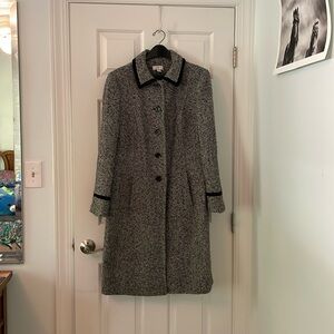Loft Black Tweed Wool Blend Dress Coat with Velvet Trim. Size 14